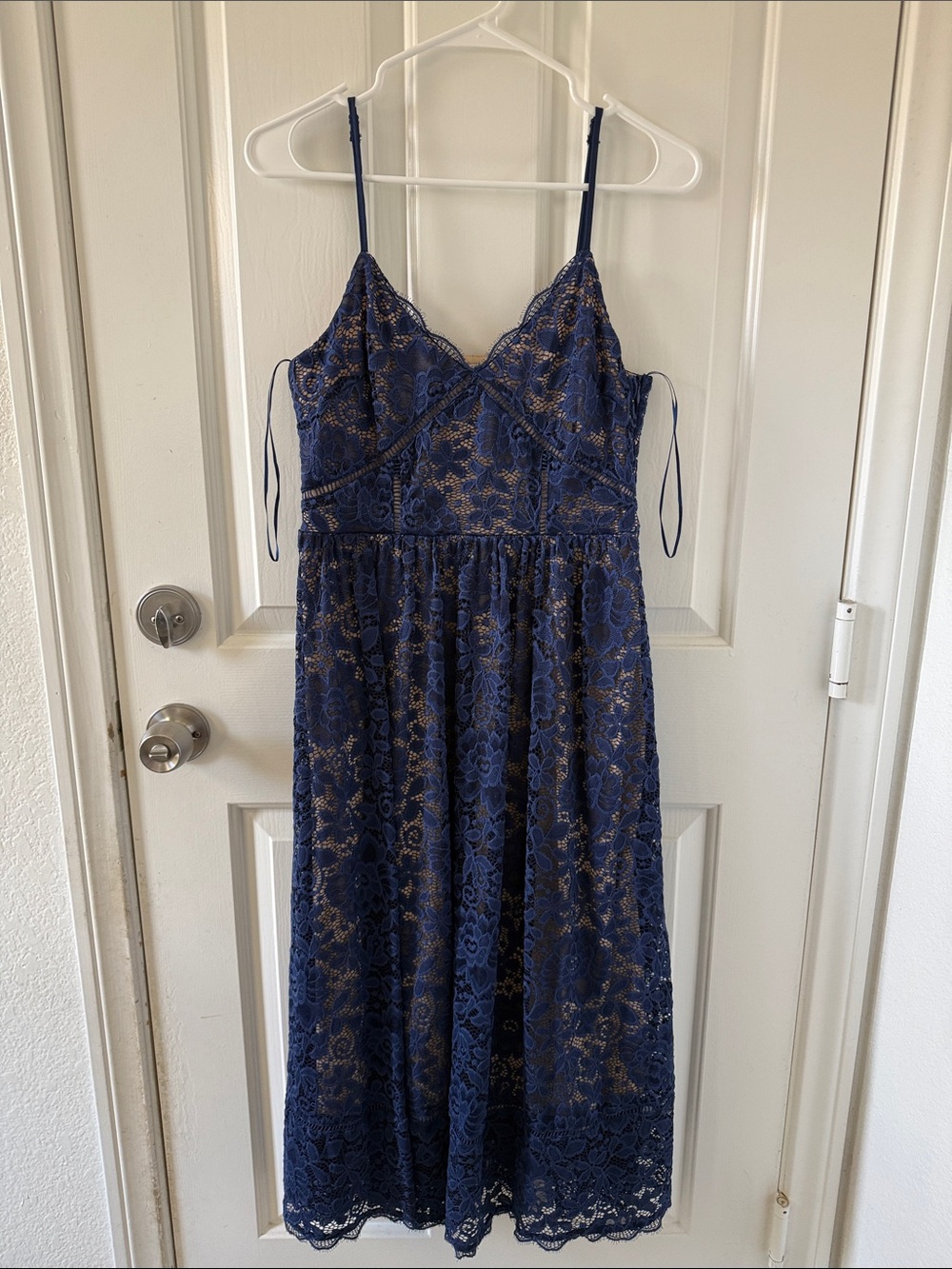 NSR Navy and Gold Lace Spaghetti-Strap Midi Dress